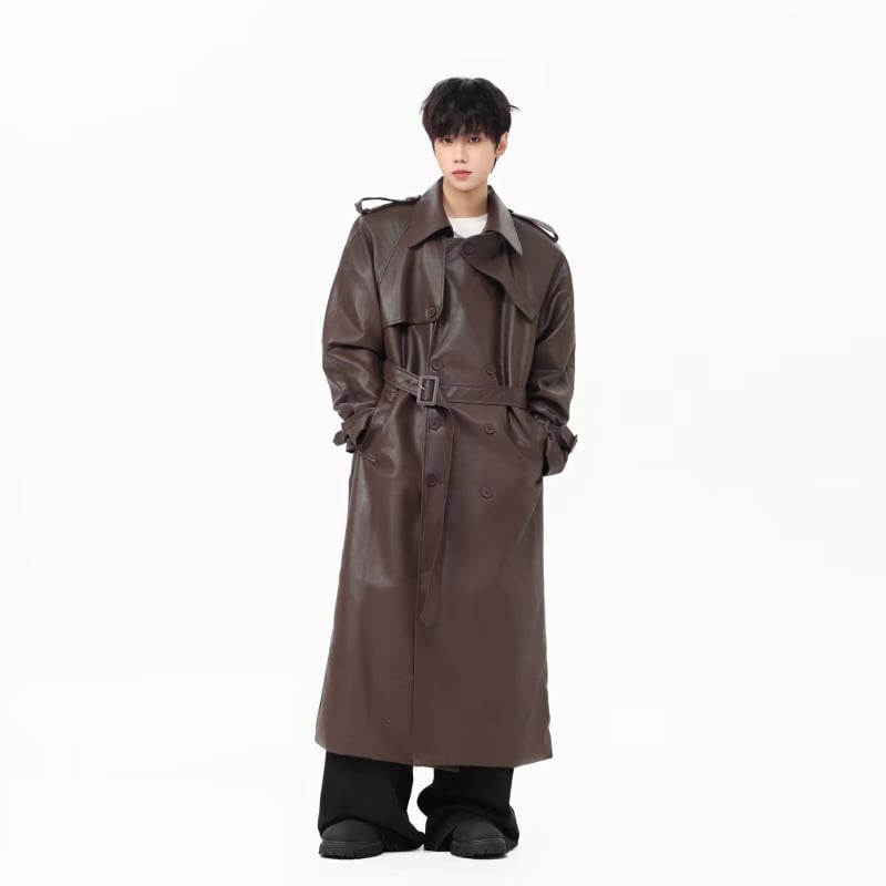 Palton de bărbați din piele PU, croială lejeră, lung în stil trench, cu curea, culoare uni.