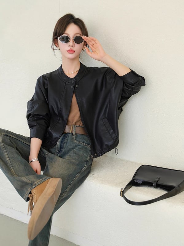 Ženska jakna od umjetne kože, japansko-korejski casual stil, stojeći ovratnik, dugi rukavi, zatvaranje zipom, standardna duljina, zimska 2025