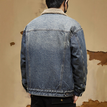 Muška denims jakna s umjetnom shearling podstavom, američki stil motociklistička jakna, širok kroj, bočni džepovi