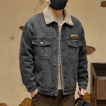 Muška denims jakna s umjetnom shearling podstavom, američki stil motociklistička jakna, širok kroj, bočni džepovi