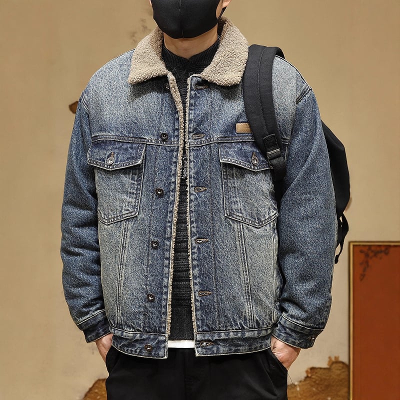 Muška denims jakna s umjetnom shearling podstavom, američki stil motociklistička jakna, širok kroj, bočni džepovi