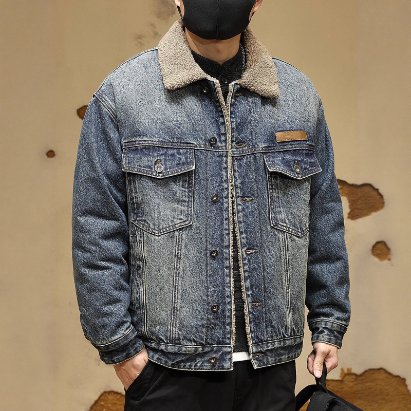 Muška denims jakna s umjetnom shearling podstavom, američki stil motociklistička jakna, širok kroj, bočni džepovi