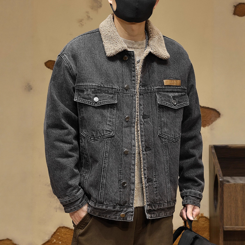 Muška denims jakna s umjetnom shearling podstavom, američki stil motociklistička jakna, širok kroj, bočni džepovi
