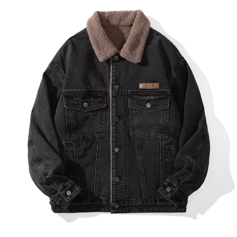 Muška denims jakna s umjetnom shearling podstavom, američki stil motociklistička jakna, širok kroj, bočni džepovi