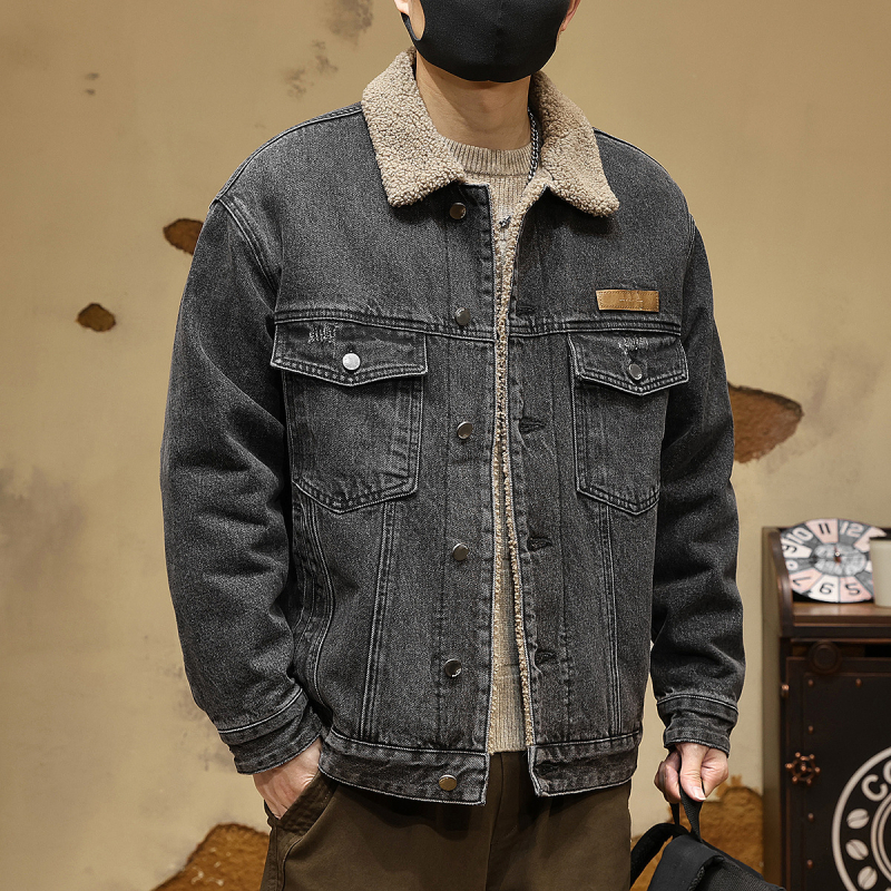 Muška denims jakna s umjetnom shearling podstavom, američki stil motociklistička jakna, širok kroj, bočni džepovi