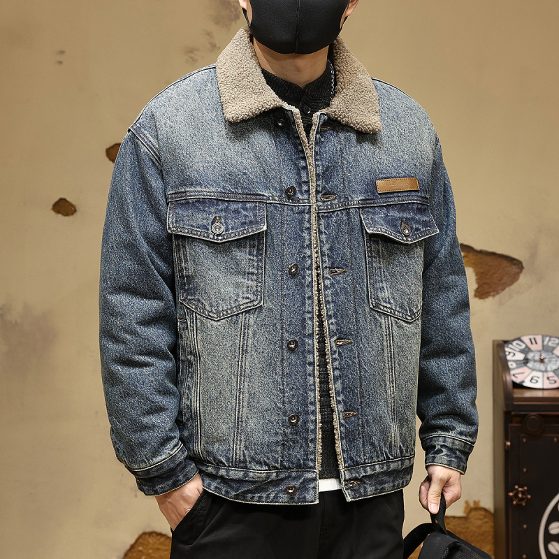 Muška denims jakna s umjetnom shearling podstavom, američki stil motociklistička jakna, širok kroj, bočni džepovi
