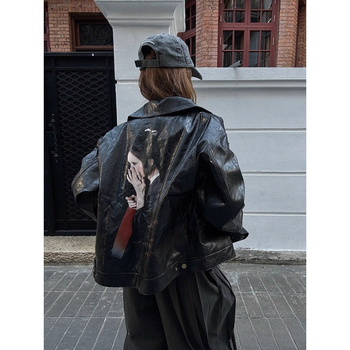 Američka streetwear marka 25SS Dragonfly Portrait, otisak visoke rezolucije tintom, retro naborana voskasta kožna jakna, unisex