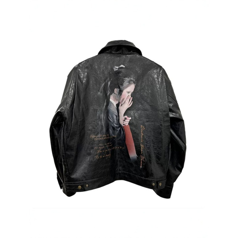 Američka streetwear marka 25SS Dragonfly Portrait, otisak visoke rezolucije tintom, retro naborana voskasta kožna jakna, unisex