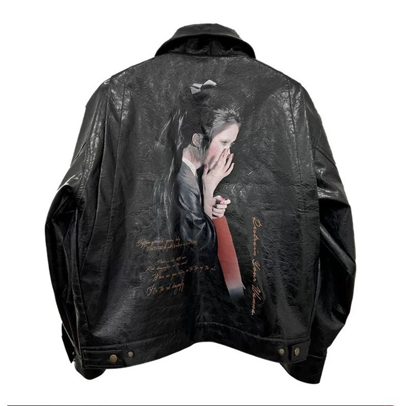 Američka streetwear marka 25SS Dragonfly Portrait, otisak visoke rezolucije tintom, retro naborana voskasta kožna jakna, unisex