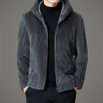 Palton din blană de nurcă cu glugă, reversibil, gros, cu fermoar și buzunare laterale