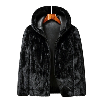 Palton din blană de nurcă cu glugă, reversibil, gros, cu fermoar și buzunare laterale