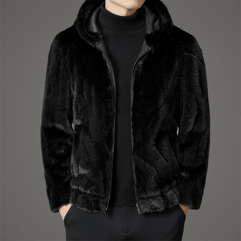 Palton din blană de nurcă cu glugă, reversibil, gros, cu fermoar și buzunare laterale