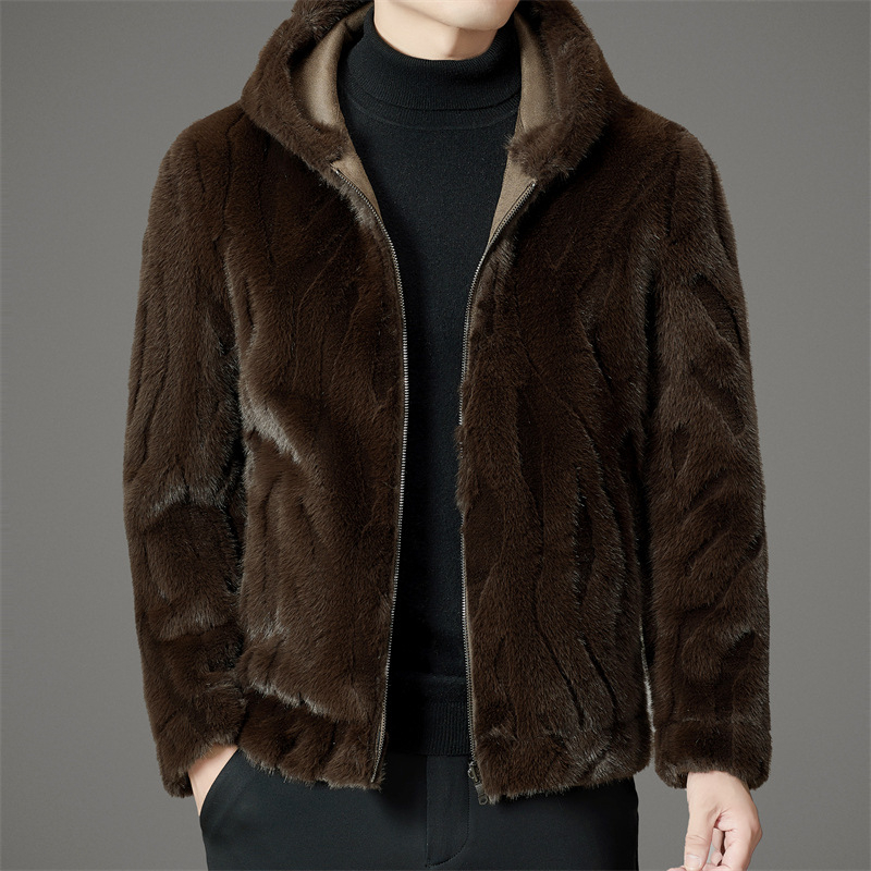 Palton din blană de nurcă cu glugă, reversibil, gros, cu fermoar și buzunare laterale