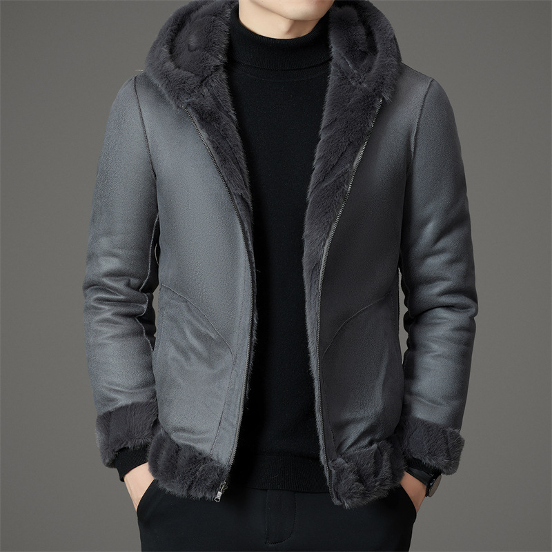 Palton din blană de nurcă cu glugă, reversibil, gros, cu fermoar și buzunare laterale