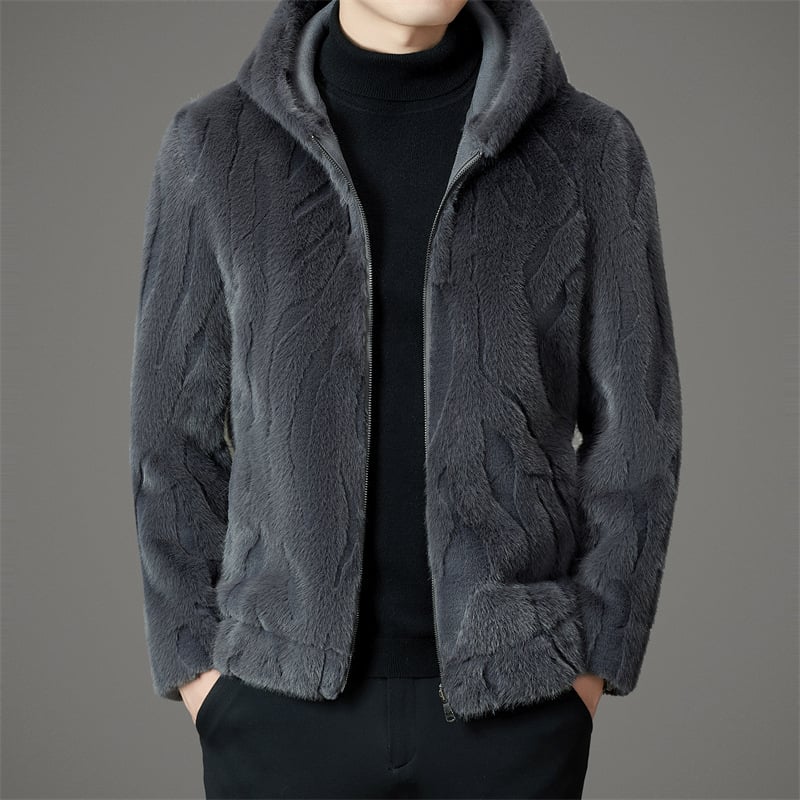 Palton din blană de nurcă cu glugă, reversibil, gros, cu fermoar și buzunare laterale