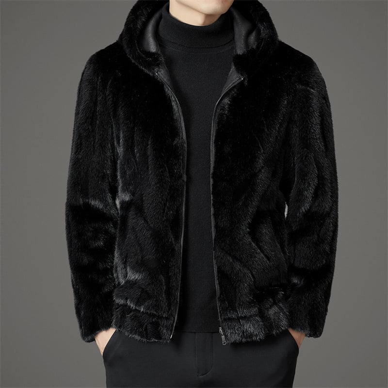 Palton din blană de nurcă cu glugă, reversibil, gros, cu fermoar și buzunare laterale