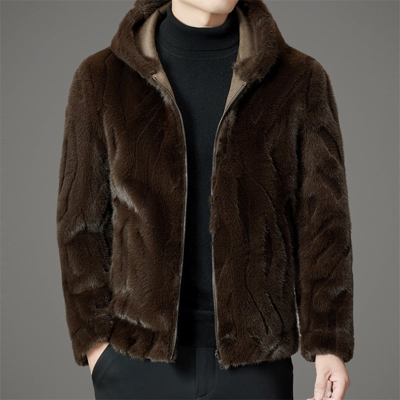 Palton din blană de nurcă cu glugă, reversibil, gros, cu fermoar și buzunare laterale