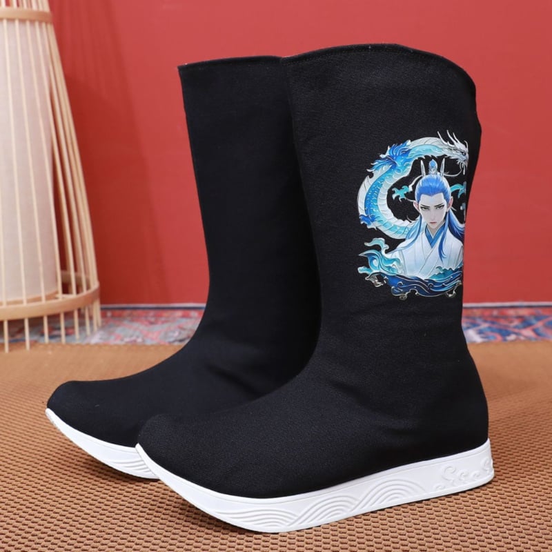 Férfi Hanfu csizmák, etnikus stílus Wei‑Jin ihletésével (Gumitalp, Felső rész pamutból, Hálós bélés, Körös orr, Lélegző)