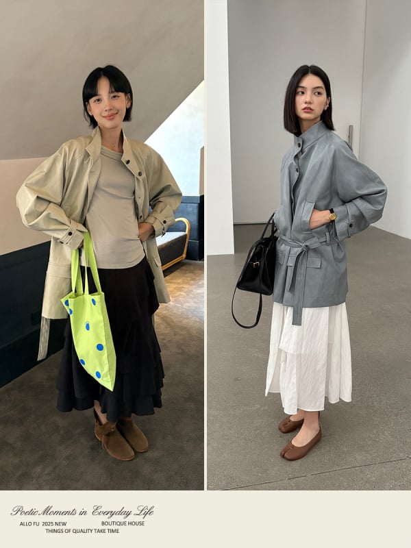 Jakna od umjetne kože, ležerni kroj, casual japansko-korejski stil, srednja duljina, kopčanje na gumbe