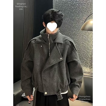 Palton corduroy, căptușeală din lână, croială lejeră, fermoar diagonal, guler înalt fără glugă, primăvara 2025