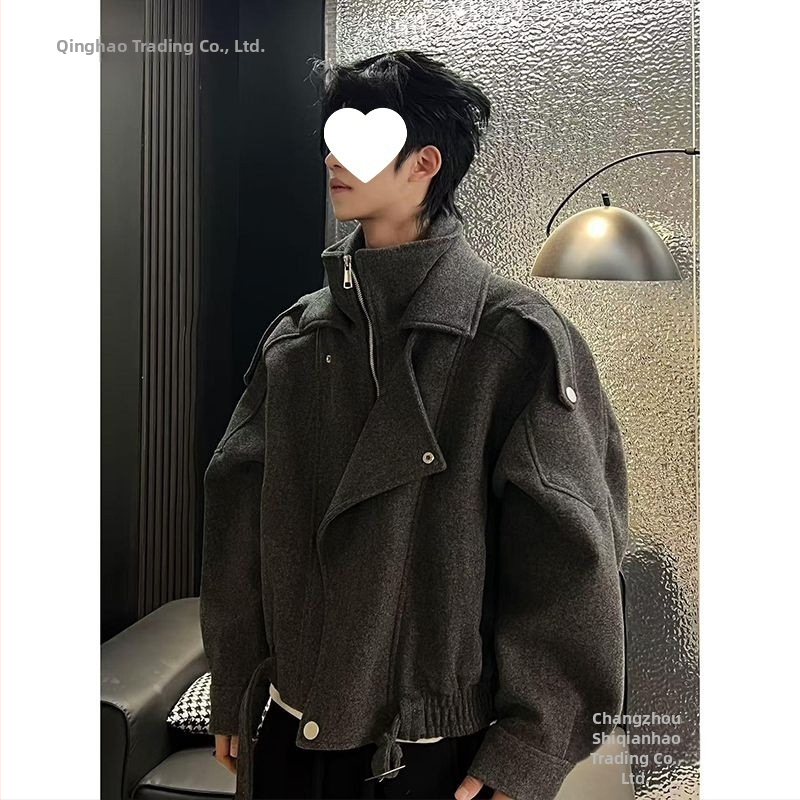 Palton corduroy, căptușeală din lână, croială lejeră, fermoar diagonal, guler înalt fără glugă, primăvara 2025