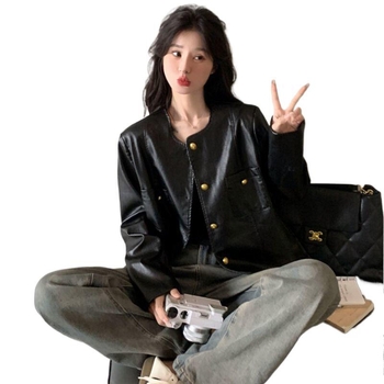 PU bőrkabát tavasz-őszi szezonra, nőknek, kerek nyakú, cipzár, hercegnő ujjas, Chenille anyag
