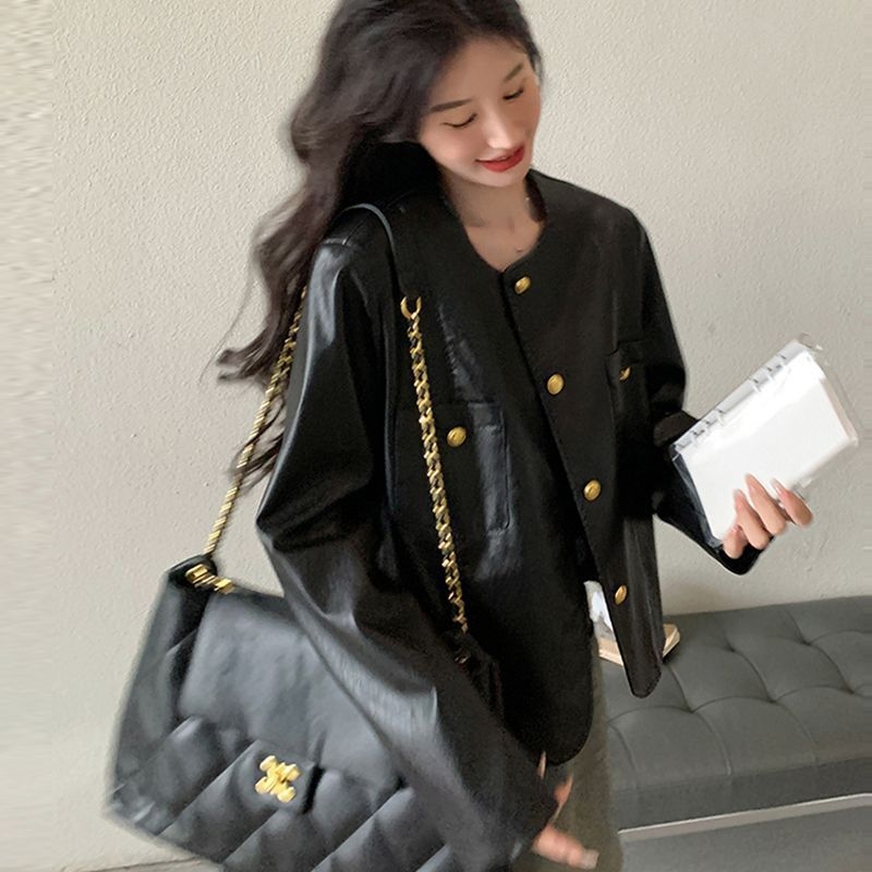 PU bőrkabát tavasz-őszi szezonra, nőknek, kerek nyakú, cipzár, hercegnő ujjas, Chenille anyag