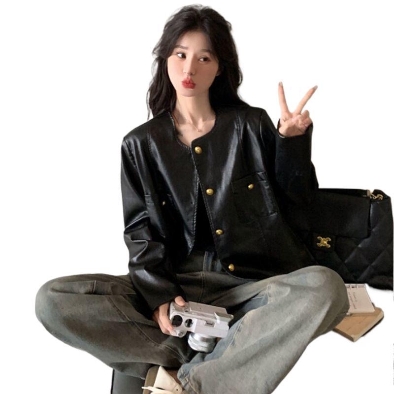PU bőrkabát tavasz-őszi szezonra, nőknek, kerek nyakú, cipzár, hercegnő ujjas, Chenille anyag