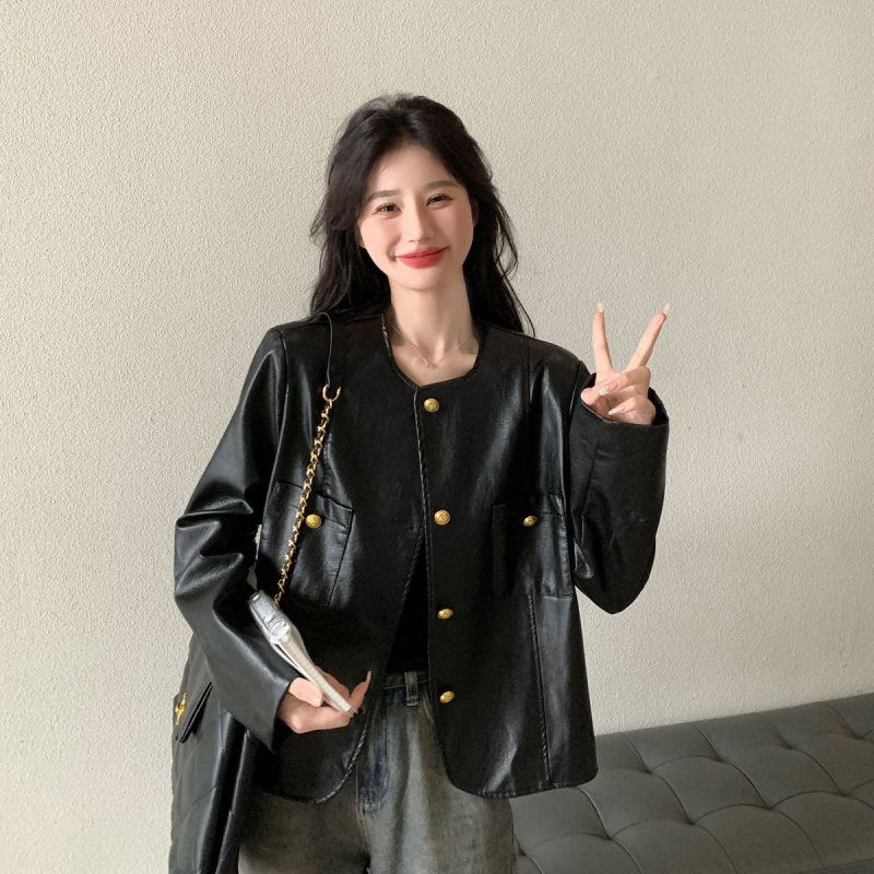 PU bőrkabát tavasz-őszi szezonra, nőknek, kerek nyakú, cipzár, hercegnő ujjas, Chenille anyag