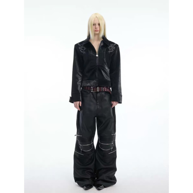 Kožna jakna od umjetne kože s uzorkom zmijske kože, našiveni patchovi s rivetima, patentni zatvarač, široki kroj, japanski gradski stil