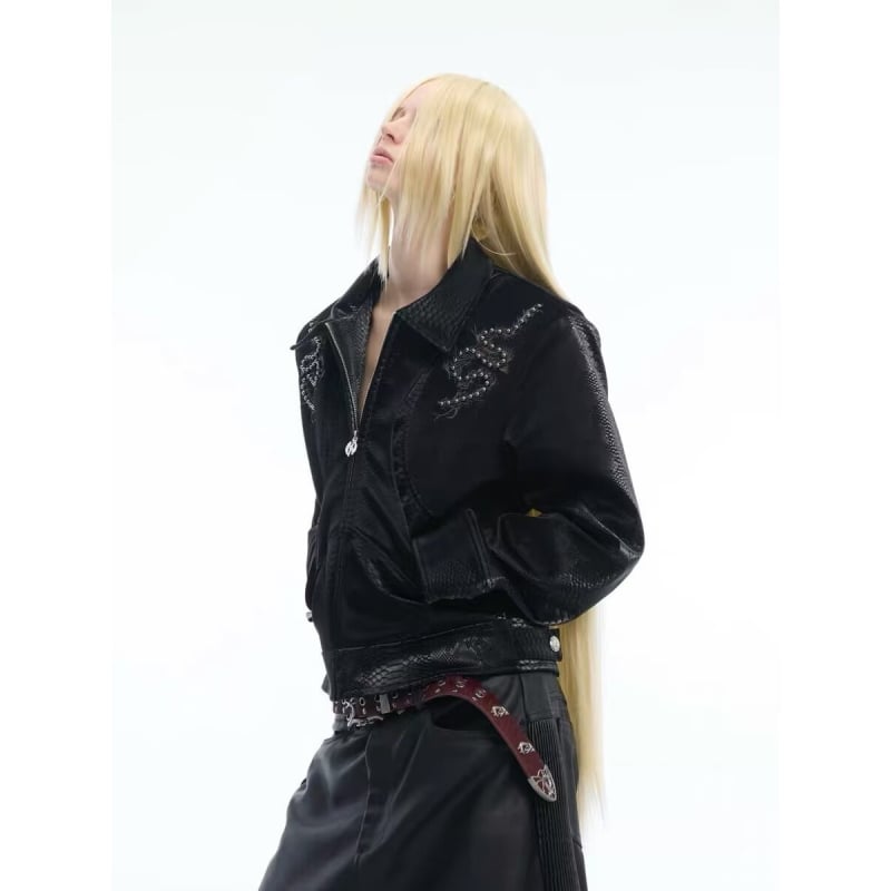 Kožna jakna od umjetne kože s uzorkom zmijske kože, našiveni patchovi s rivetima, patentni zatvarač, široki kroj, japanski gradski stil