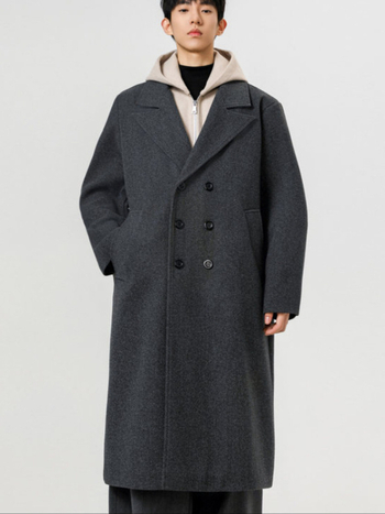 Palton în stil coreean, lână groasă, lung până la genunchi, croială lejeră, nasturi dubli, guler de sacou, fără curea