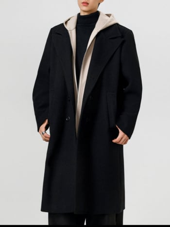 Palton în stil coreean, lână groasă, lung până la genunchi, croială lejeră, nasturi dubli, guler de sacou, fără curea