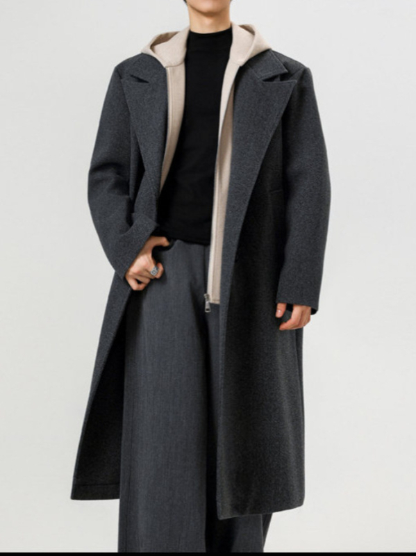 Palton în stil coreean, lână groasă, lung până la genunchi, croială lejeră, nasturi dubli, guler de sacou, fără curea