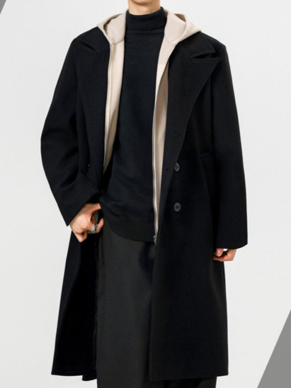 Palton în stil coreean, lână groasă, lung până la genunchi, croială lejeră, nasturi dubli, guler de sacou, fără curea