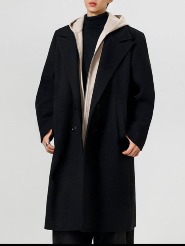 Palton în stil coreean, lână groasă, lung până la genunchi, croială lejeră, nasturi dubli, guler de sacou, fără curea