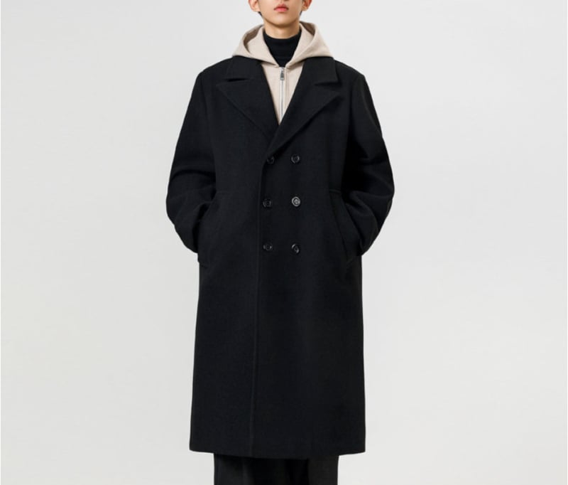 Palton în stil coreean, lână groasă, lung până la genunchi, croială lejeră, nasturi dubli, guler de sacou, fără curea