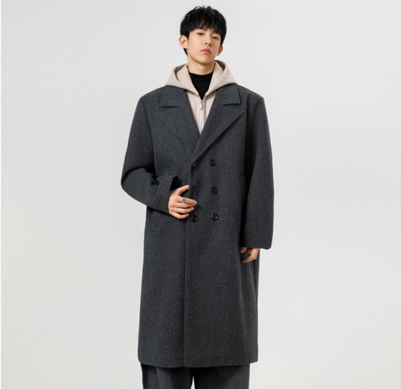 Palton în stil coreean, lână groasă, lung până la genunchi, croială lejeră, nasturi dubli, guler de sacou, fără curea
