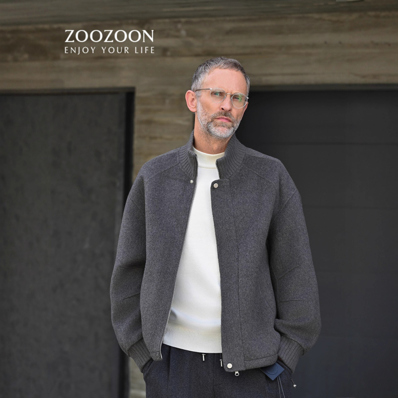 Palton dublu fațetat din lână, stil urban, croială lejeră, închidere cu fermoar, finisaj periat, amestec lână-bumbac 51-70%