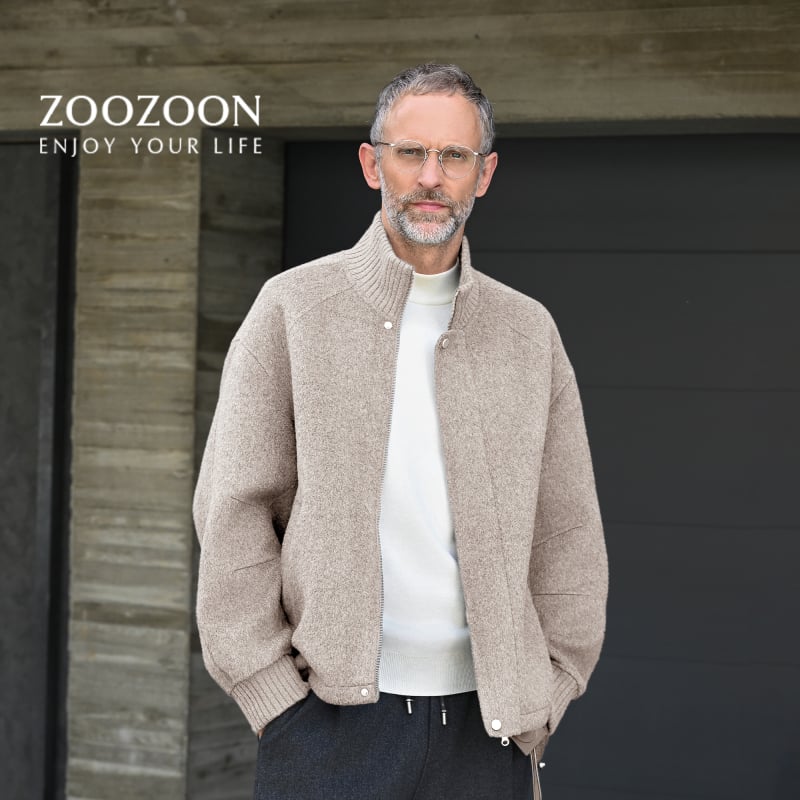 Palton dublu fațetat din lână, stil urban, croială lejeră, închidere cu fermoar, finisaj periat, amestec lână-bumbac 51-70%