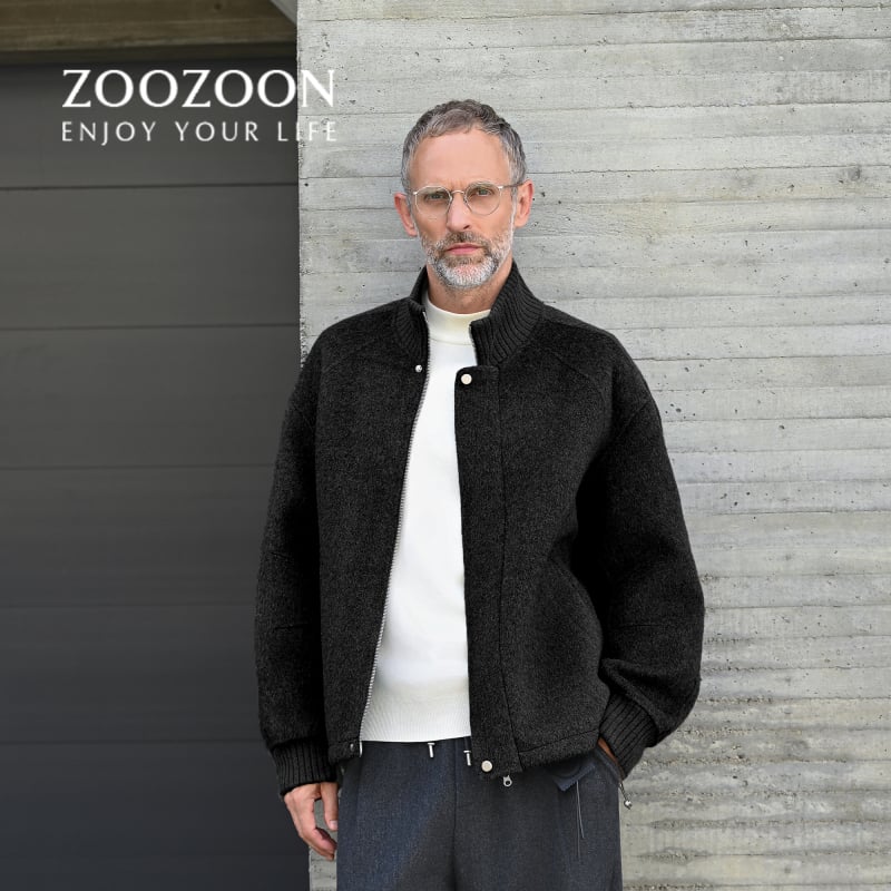 Palton dublu fațetat din lână, stil urban, croială lejeră, închidere cu fermoar, finisaj periat, amestec lână-bumbac 51-70%