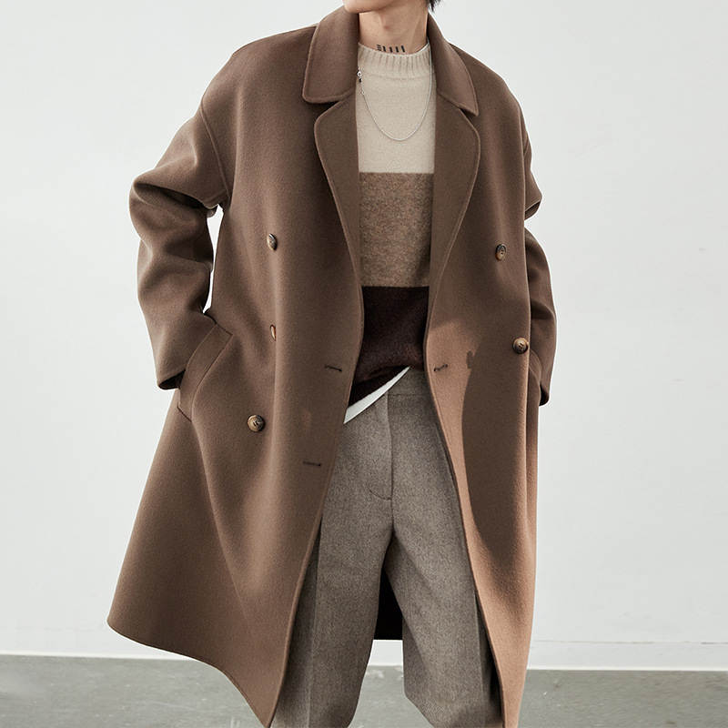 Palton din lână pentru bărbați, închidere cu nasturi dubli, lungime medie, căptușeală din lână, buzunare laterale, culoare solidă, iarnă