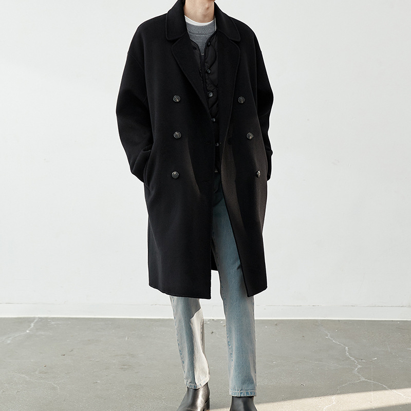 Palton din lână pentru bărbați, închidere cu nasturi dubli, lungime medie, căptușeală din lână, buzunare laterale, culoare solidă, iarnă