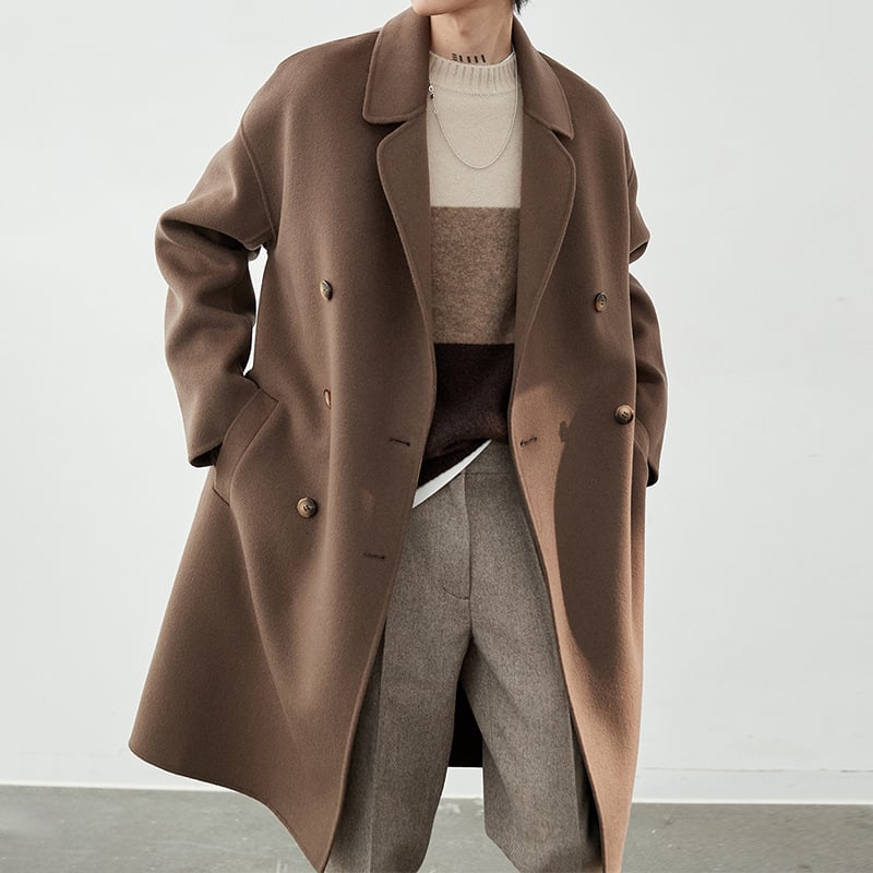 Palton din lână pentru bărbați, închidere cu nasturi dubli, lungime medie, căptușeală din lână, buzunare laterale, culoare solidă, iarnă