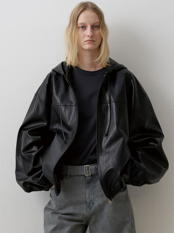 Ženska PU kožna jakna s kapuljom, udoban kroj, prednji zip, srednja duljina, proljeće 2025