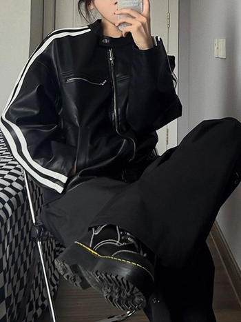 PU bőrhatású női utcai stílusú kabát, álló gallérral, csíkos mintával, cipzáras zárás