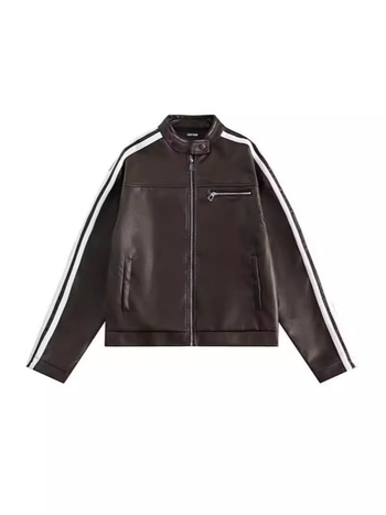 PU bőrhatású női utcai stílusú kabát, álló gallérral, csíkos mintával, cipzáras zárás