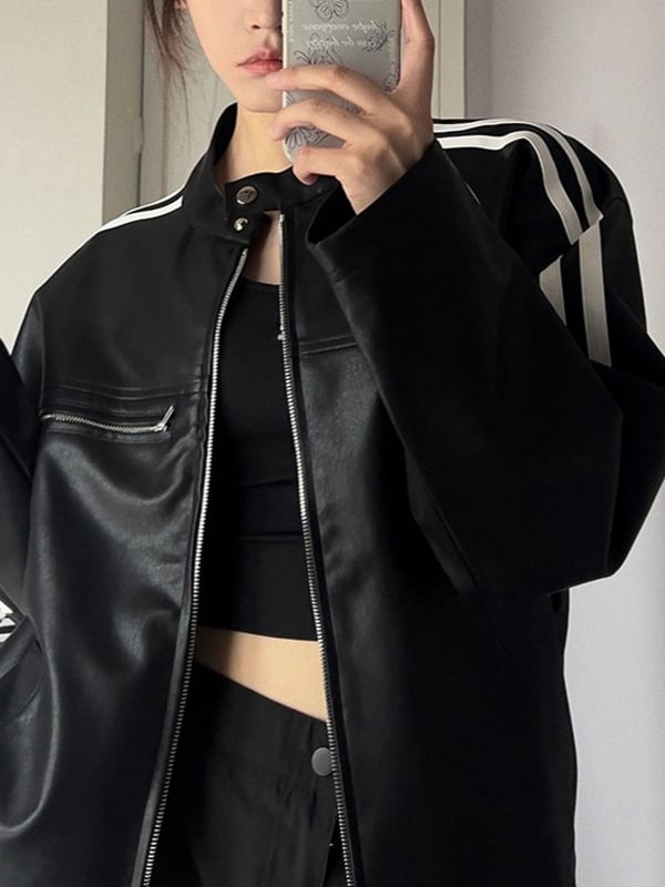 PU bőrhatású női utcai stílusú kabát, álló gallérral, csíkos mintával, cipzáras zárás