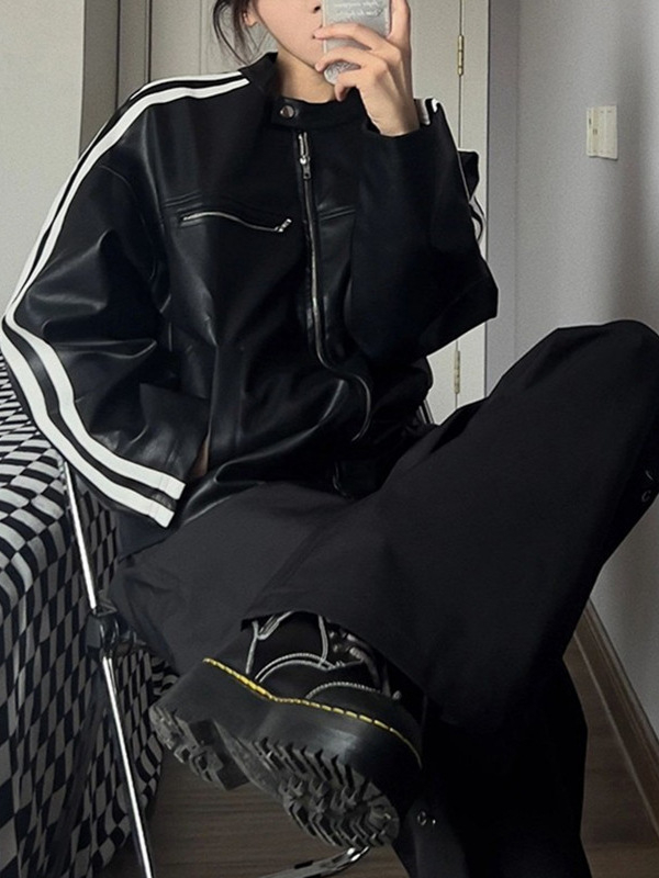 PU bőrhatású női utcai stílusú kabát, álló gallérral, csíkos mintával, cipzáras zárás