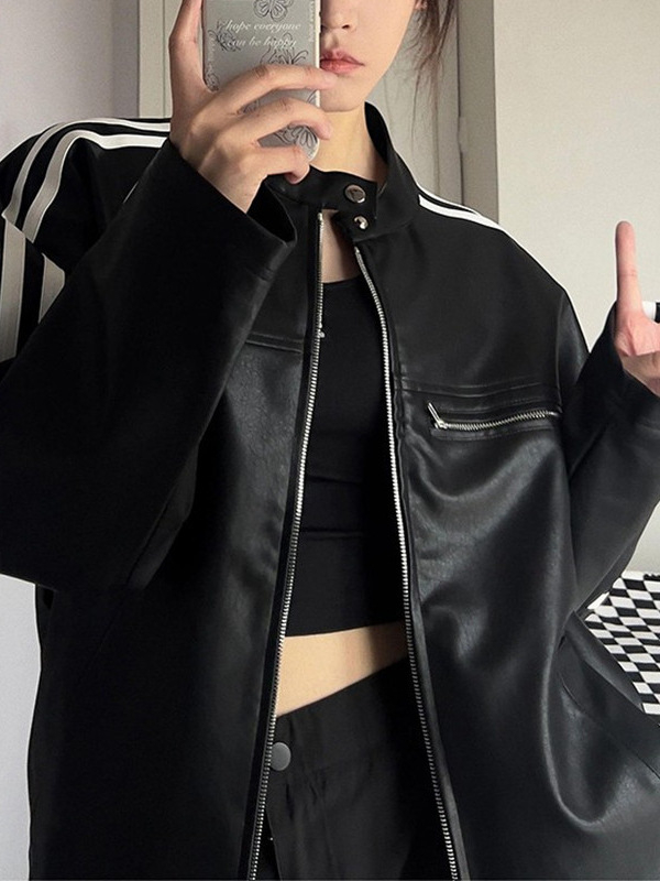 PU bőrhatású női utcai stílusú kabát, álló gallérral, csíkos mintával, cipzáras zárás